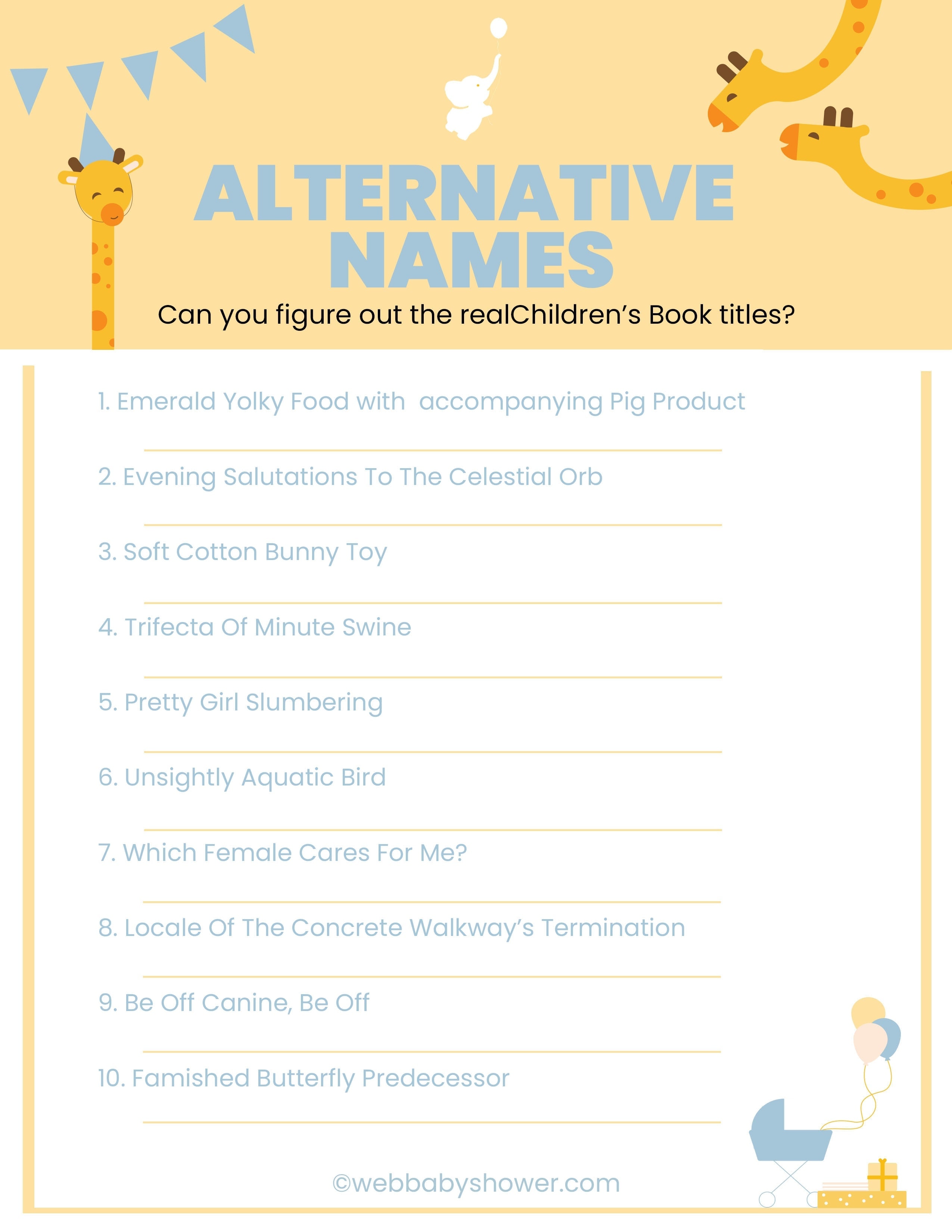 WebBabyShower Printables Games Alternative Names