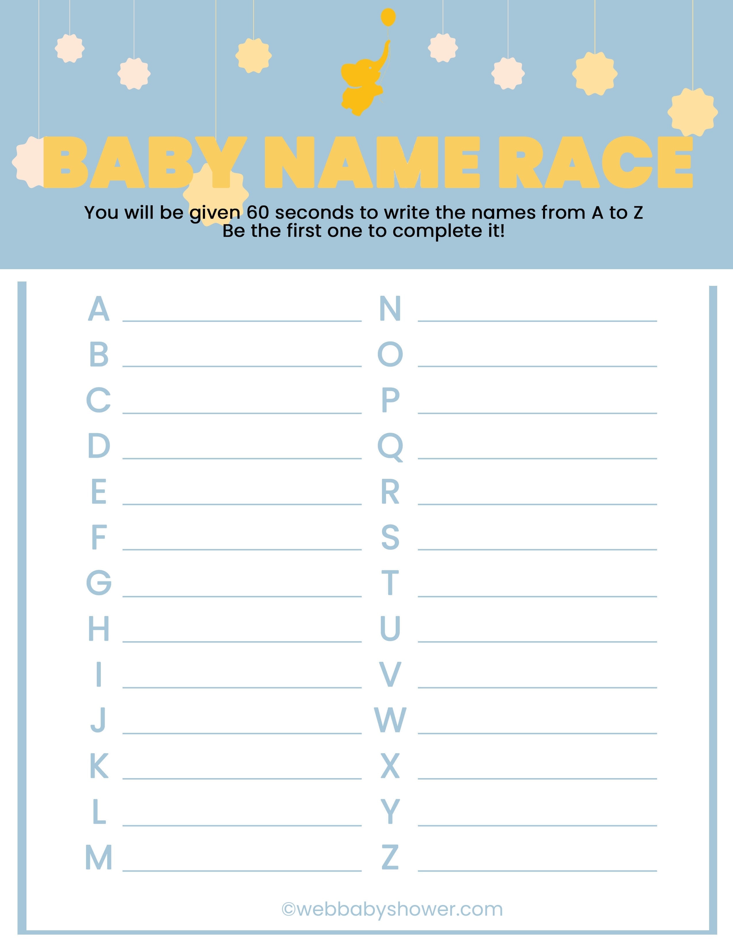 WebBabyShower Printables Games Baby Name Race