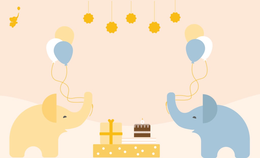 webbabyshower header image yellow elephant and blue elephant holding balloons