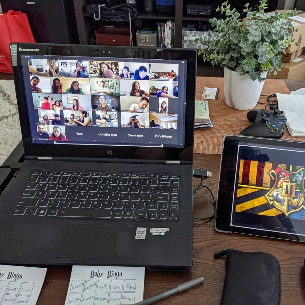 baby shower guests playing games in a video chat