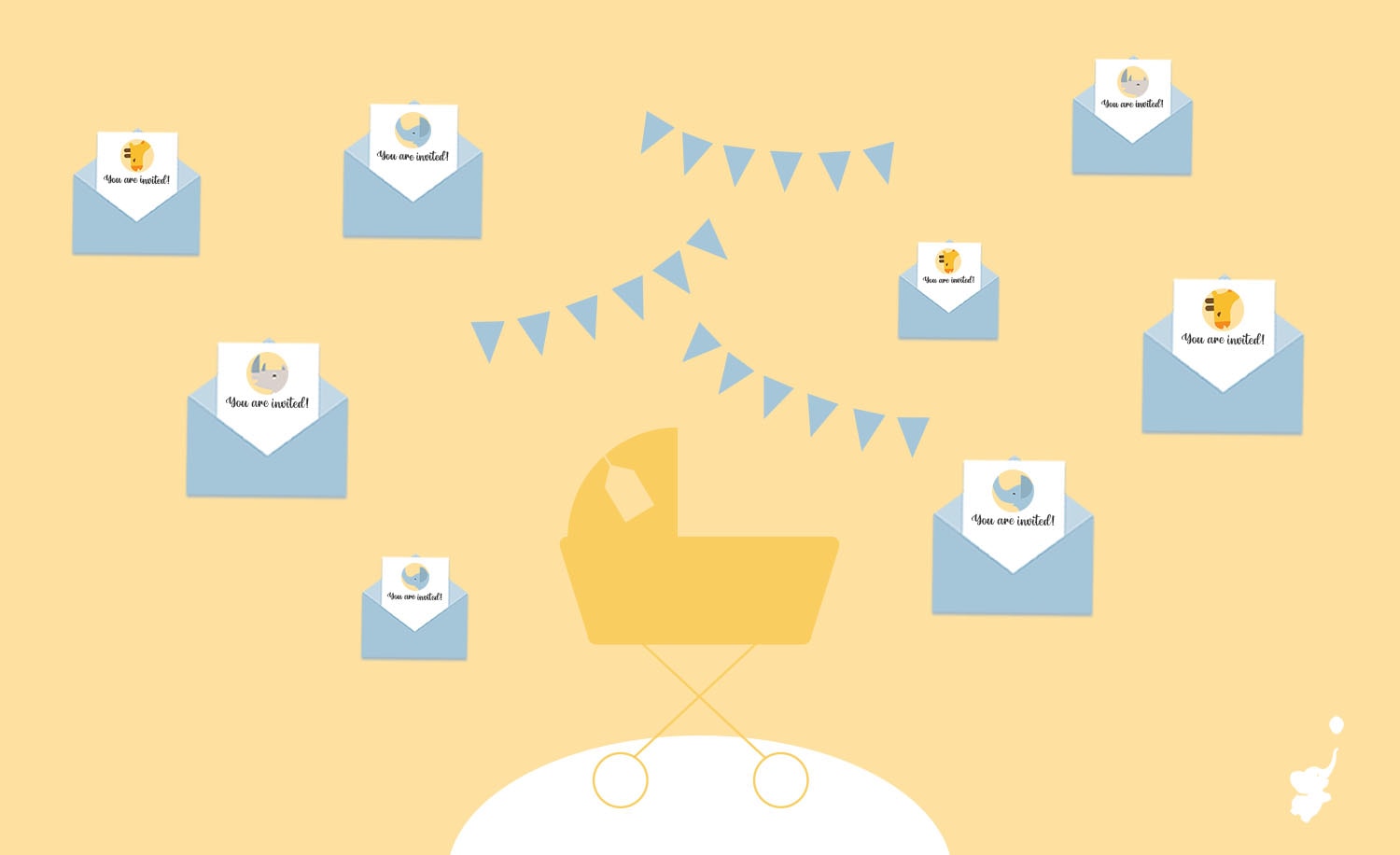 webbabyshower header image baby stroller with many invitations around it