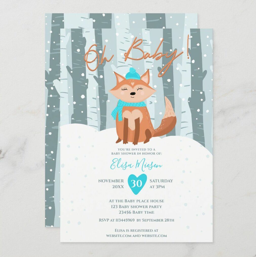 winter baby shower foxes theme invitation