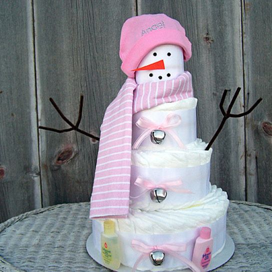 winter baby shower pink snowman diaper cake
