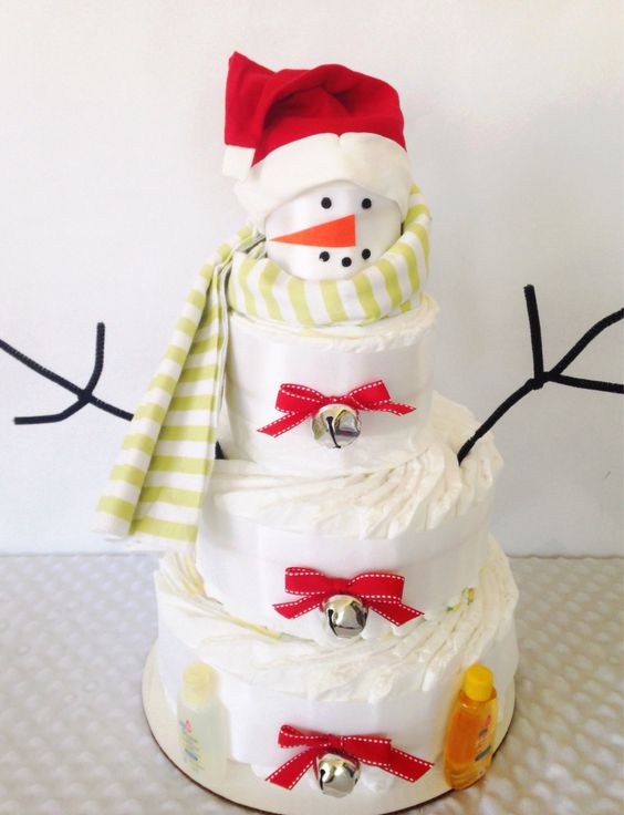 winter baby shower red snowman diaper cake