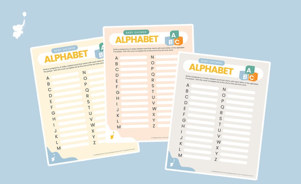 baby shower alphabet game different colors