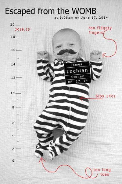 birth announcement mugshot photo with mustache