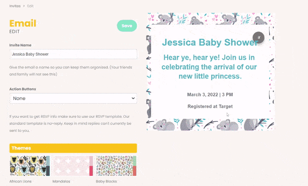 webbabyshower adding rsvp button to the invitation